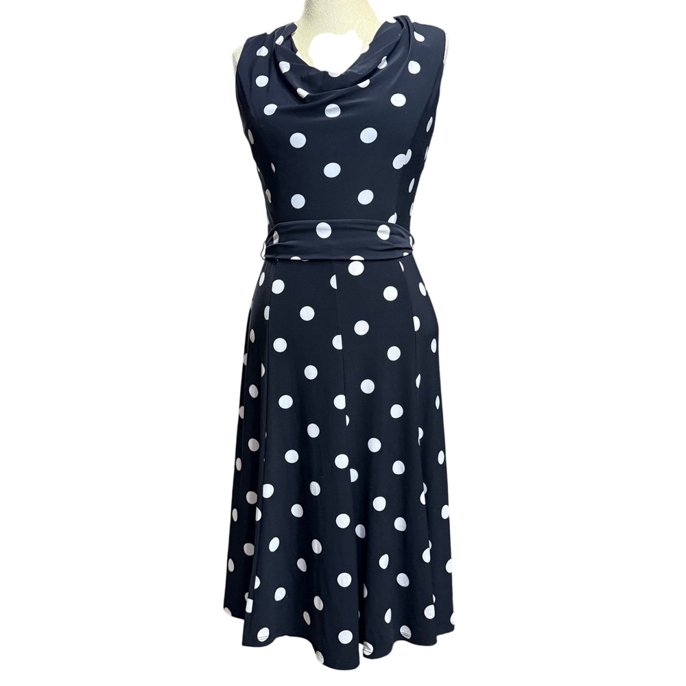Lauren Ralph Lauren 2 Polka Dot Cowl Dress Black Retro Summer Wedding Guest Twee
